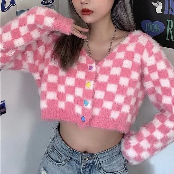 Plaid sweater pink white womens cardigan long heart buttons - Picture 2 of 12